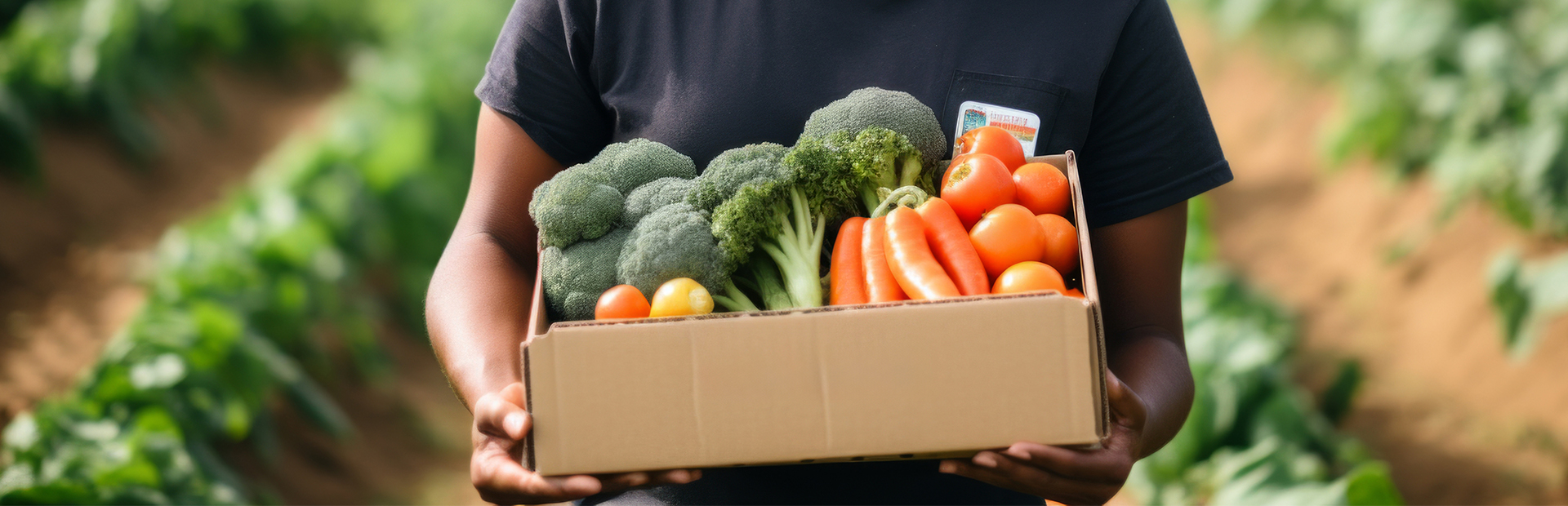 Person holding a box of fresh vegetables